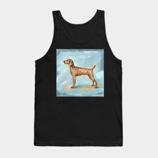 Painting of a Cute Weimaraner Standing and Looking to the Left. Blue Background Tank Top